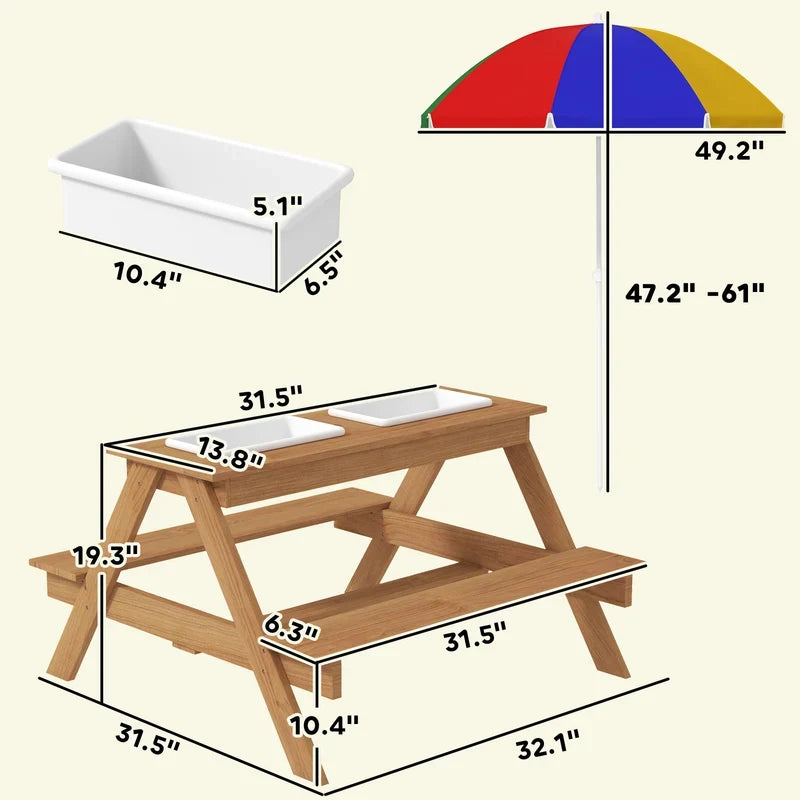 Wooden Outdoor Kids Picnic Table with Removable Umbrella