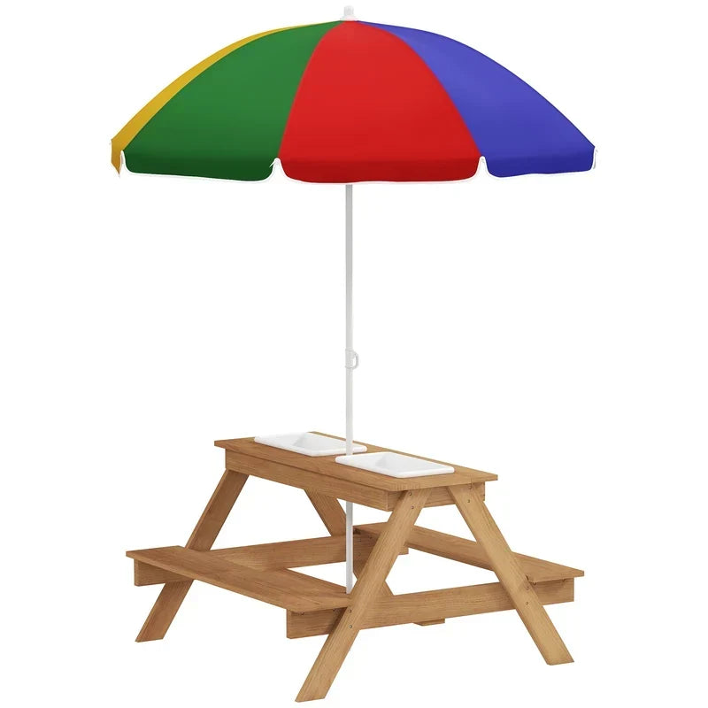 Wooden Outdoor Kids Picnic Table with Removable Umbrella