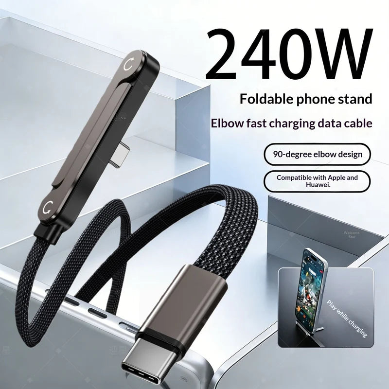 240W Foldable Stand Data Cable, Right-angle Connector, Dual-C Braided Cable
