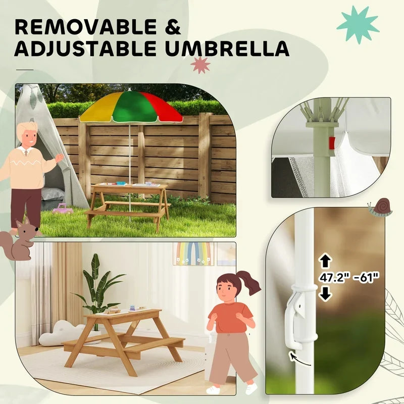 Wooden Outdoor Kids Picnic Table with Removable Umbrella