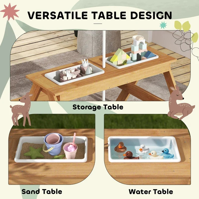 Wooden Outdoor Kids Picnic Table with Removable Umbrella