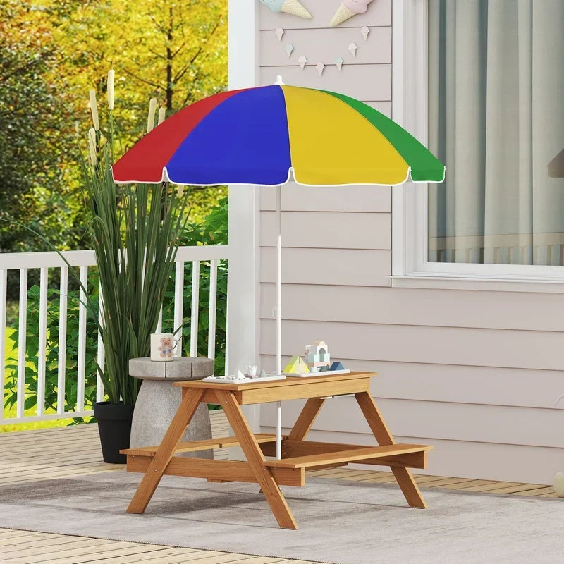 Wooden Outdoor Kids Picnic Table with Removable Umbrella