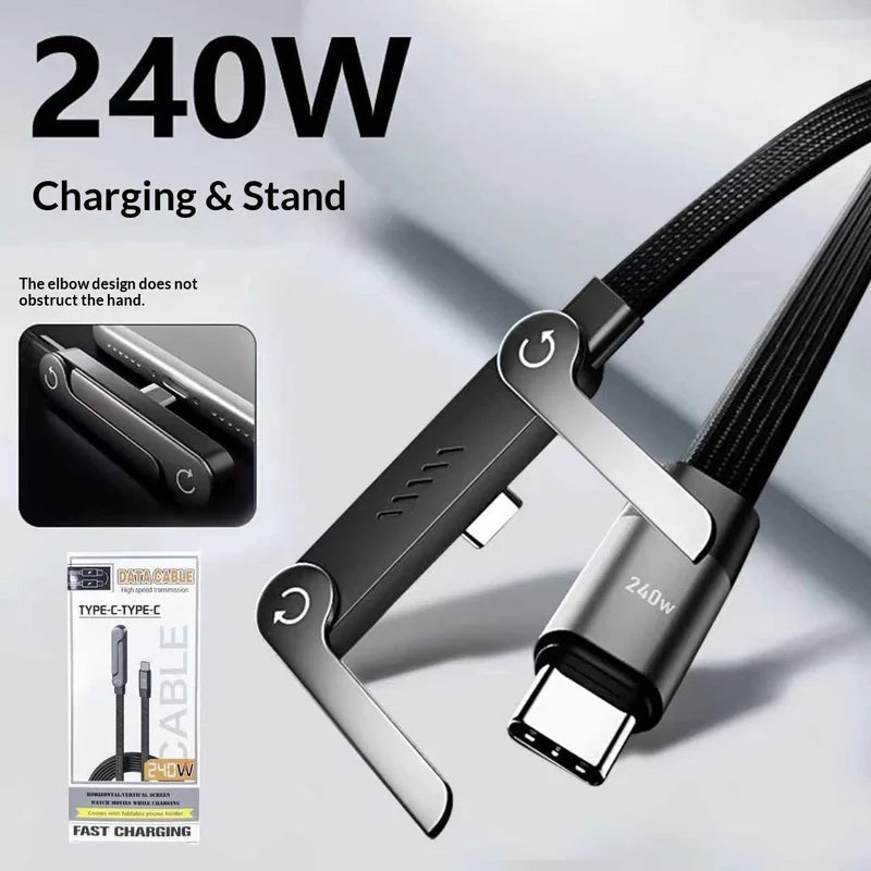 240W Foldable Stand Data Cable, Right-angle Connector, Dual-C Braided Cable