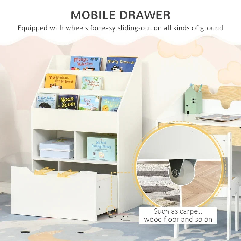 Kids Bookcase Multi-Shelf Book Rack with Mobile Drawer – White