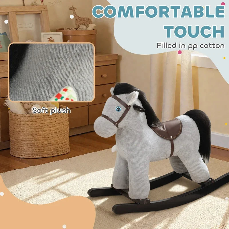 Kids Rocking Horse, Plush Toddler Ride on Toy with Realistic Neigh and Toy for 2–5 Years Old, Gray