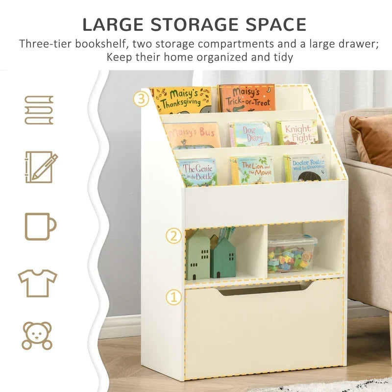 Kids Bookcase Multi-Shelf Book Rack with Mobile Drawer – White